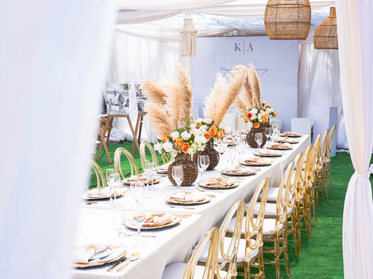Nude toned lobola setup with woven placemat and place card
